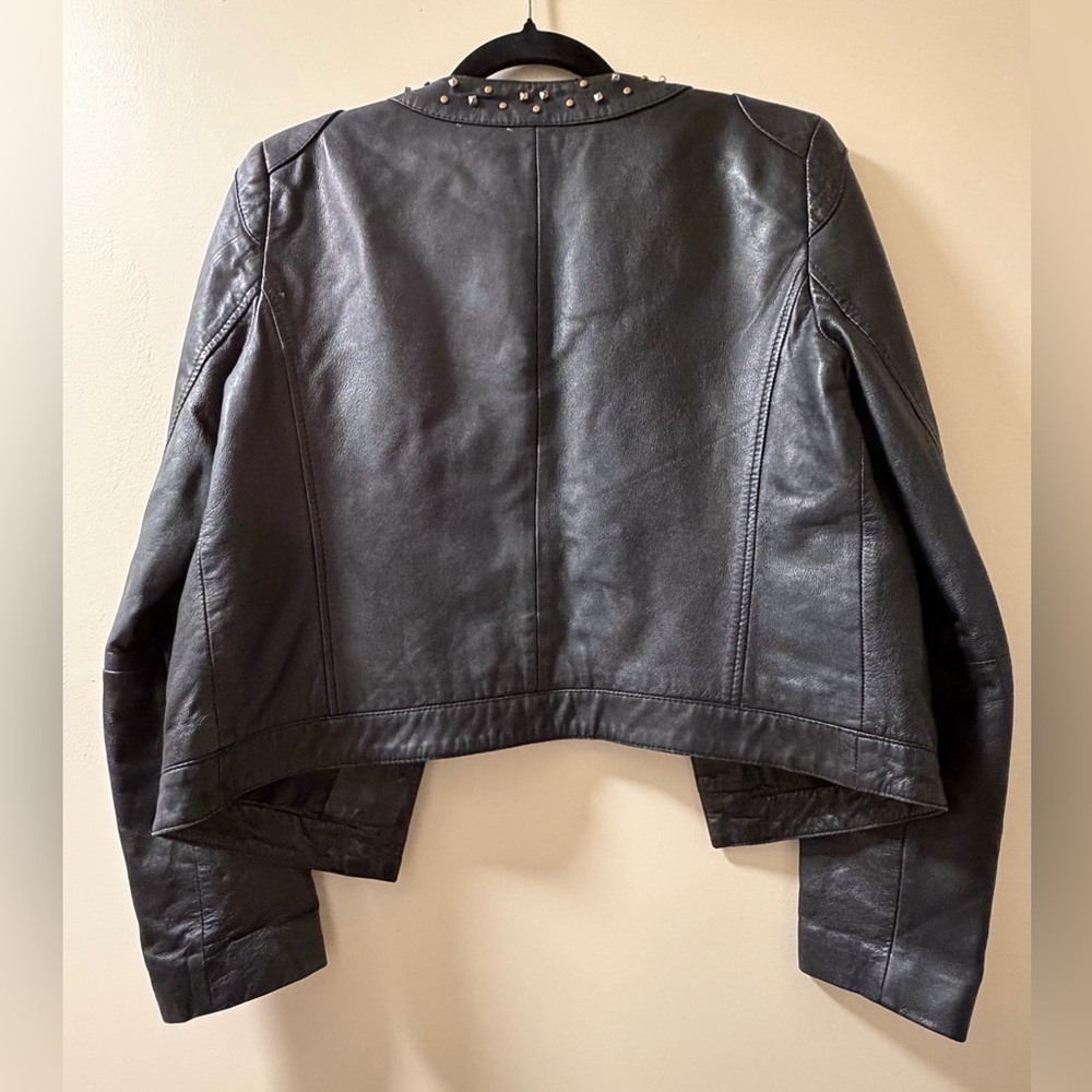 Mango Black Studded Collarless Leather Jacket - Picture 2 of 11